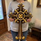 Hand-Carved Beechwood Ornate Cross – Gold Accented Christian Wall Cross