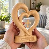 Handcrafted Beechwood Two Hearts One Covenant Cross Sculpture – Christian Wedding & Anniversary Gift