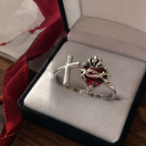 Sacred Heart of Jesus Thorn Flame Cross Adjustable Open Ring - product view