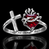 Sacred Heart of Jesus Thorn Flame Cross Adjustable Open Ring - Christian gift presentation