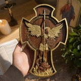Hand-Carved Beechwood Archangel Michael Wall Cross – Quis Ut Deus Christian Home Decor