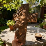 Handcrafted Beechwood Cross: Jesus with the Crown of Thorns