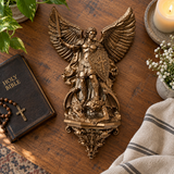 St. Michael the Archangel Battery-Powered Wall Lamp — Antique Bronze Resin Christian Home Decor