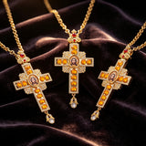 Orthodox Three-Bar Crown Gem Cross Pendant Necklace