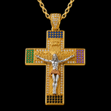 Multicolor Zircon Jesus Crucifix Gold‑Tone Stainless Steel Necklace