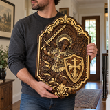 St. Michael Archangel Hand-Carved Wooden Wall Plaque – Sword & Shield of Divine Protection
