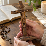 Hand-Carved Beechwood Crucifixion of Jesus Standing Cross – Christian Prayer & Home Altar Decor