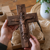 Hand-Carved Beechwood Holy Trinity Crucifix Wall Cross – Christian Home Prayer Decor - craftsmanship detail
