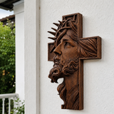 Hand-Carved Beechwood Jesus Crown of Thorns Cross – Christian Wall Art
