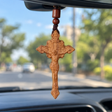 Hand-Carved Wooden Crucifix Pendant – Jesus Cross Christian Faith Car Charm & Prayer Gift