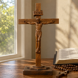 Hand-Carved Beechwood Crucifixion of Jesus Standing Cross – Christian Prayer & Home Altar Decor