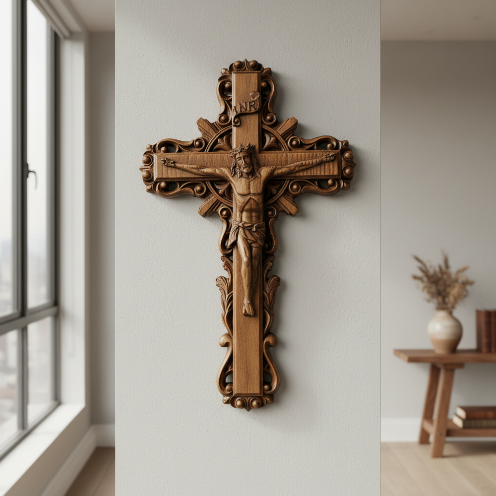 Hand-Carved White Ash Wood Cross - Sacred Christian Home Altar