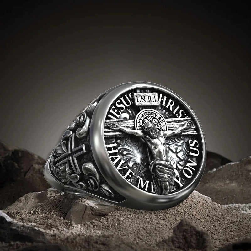 S925K Silver Jesus Crucifixion St. Benedict Medal Ring - BGCOPPER