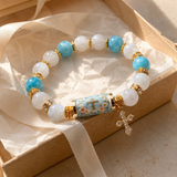 Chalcedony Cross Beaded Bracelet, Vintage Religious Printed Tube Bead Faith Jewelry for Women