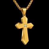 Faceted Eight Point North Star CZ Inlay Stainless Steel Cross Necklace