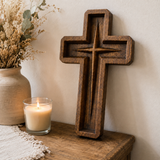 Hand-Carved Star of Bethlehem Wooden Cross – Christian Wall Decor & Faith Gift