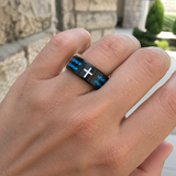 Black Polished Blue Opal Inlay Laser Engraved Cross Stainless Steel Ring