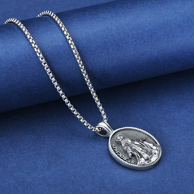 Pure Tin St. Rochus Medallion Necklace，The patron saint of dogs, plagues,bachelors, sick cows, the disabled,  surgeons,pilgrims,   falsely accused people,pharmacists.