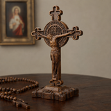 Hand-Carved Beechwood Saint Benedict Crucifix – Double-Sided Christian Standing Cross
