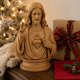 Hand-Carved Cypress Wood Sacred Heart of Jesus Statue – Christian Prayer & Home Devotional Decor