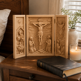 The Life of Christ Hand-Carved Beechwood Triptych – From Nativity to Resurrection Glory - product view