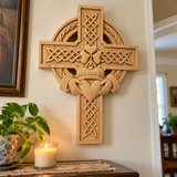 Hand-Carved Beechwood Celtic Claddagh Wall Cross – Irish Christian Faith Home Décor