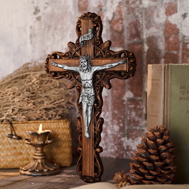 Silver painted version Ash wood Crucifix ，Jesus Christ, wooden Cross gift of love