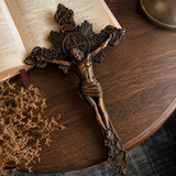 Wood carving of the Cross of the Order of Saint Benedict - with base