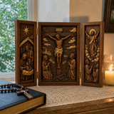 The Life of Christ Hand-Carved Beechwood Triptych – From Nativity to Resurrection Glory - design detail