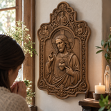 Sacred Heart of Jesus Hand-Carved Beechwood Plaque – Catholic Prayer, Home Blessing & Faith Gift