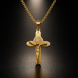 Crucifix Cross Necklace with Crystals, 316L Stainless Steel Religious Pendant for Men