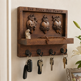 Hand-Carved Sacred Hearts Wooden Key Holder – God Bless Our Family Wall Organizer