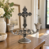 Vintage Jesus Cross Candelabra: Faith Woven into Warm Glow