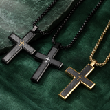 Two-Tone Bevel Edge Carbon Fiber Textured Inlaid Tiny Cross Stainless Steel Necklace