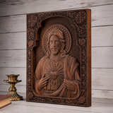 Our Lord Jesus Sacred Heart Wood Carving - Christian Catholic Personalized Carving Gift