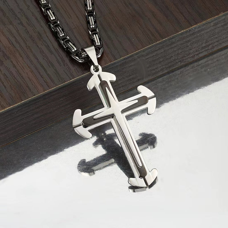Stainless Steel Cross Byzantine Chain Pendant Necklace