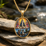 3D Raised Color Enamel Our Lady of Charity Oval Gold Stainless Steel Necklace