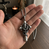 S925 Silver Serpent Cross Pendant Necklace with Green Gemstone