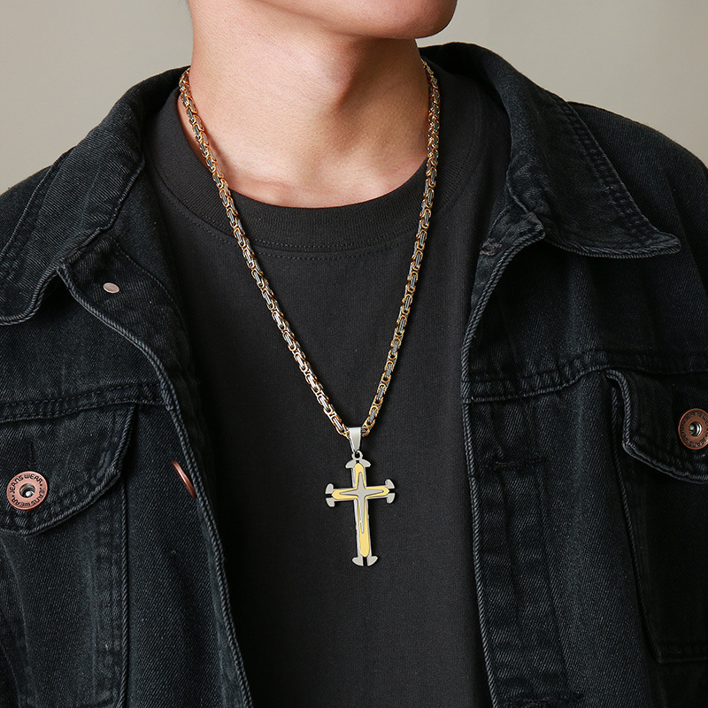 Stainless Steel Cross Byzantine Chain Pendant Necklace