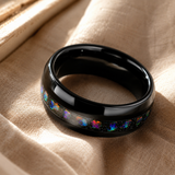 Black Tungsten Ring with Crushed Opal Inlay, 8mm Galaxy Star Dome Band, Meteorite Texture Wedding Band, Unique Promise Ring Gift for Men & Women