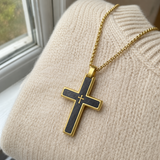 Two-Tone Bevel Edge Carbon Fiber Textured Inlaid Tiny Cross Stainless Steel Necklace