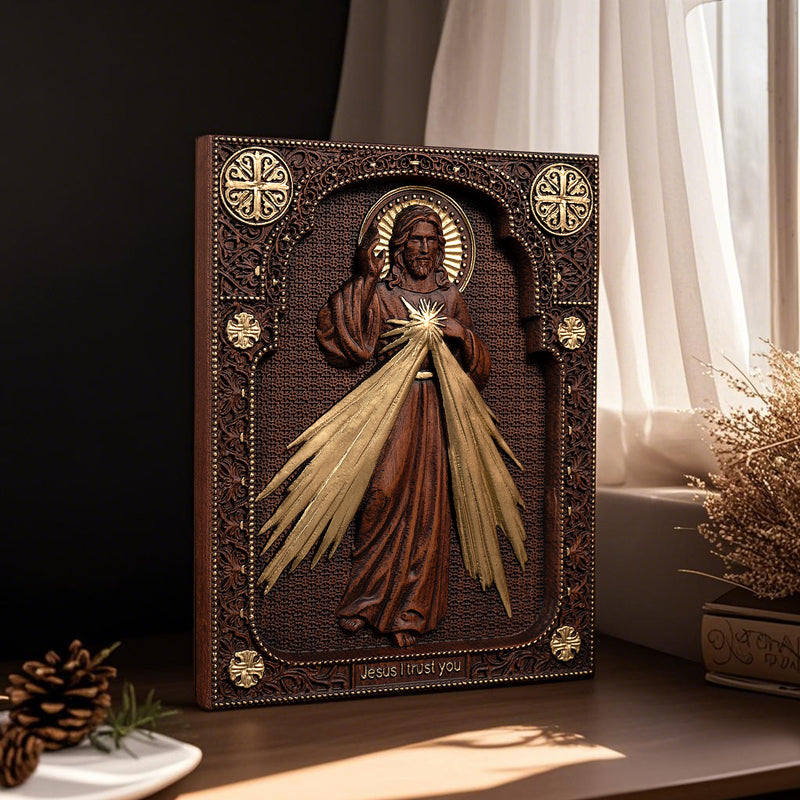 The Sacred Heart and Divine Mercy Jesus Christ Wood Wall Plaque
