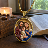 3D Raised Enamel Holy Family Oval Gold Stainless Steel Necklace