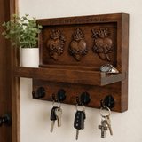 Hand-Carved Sacred Hearts Wooden Key Holder – God Bless Our Family Wall Organizer
