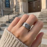 Vintage Antiqued Open-Band Cross Cutout Stainless Steel Ring