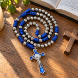 t. Benedict Blue Enamel Rosary with Crucifix – Silver-Tone Beads & Braided Cord