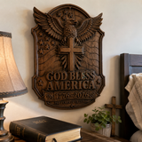 God Bless America Wooden Wall Plaque – Hand-Carved Beechwood Eagle Cross Decor, 1776–2026 250th Anniversary