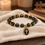 Black & Gold Cross Beaded Stretch Bracelet – A Daily Reminder of Faith, Hope & Devotion - product view
