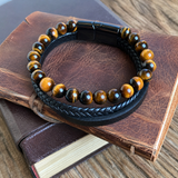 Triple Strand Natural Tiger Eye & Lava Rock Braided Leather Men’s Bracelet