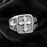Triple Sides Embossed Cross Hammered Texture Stainless Steel Men’s Signet Ring